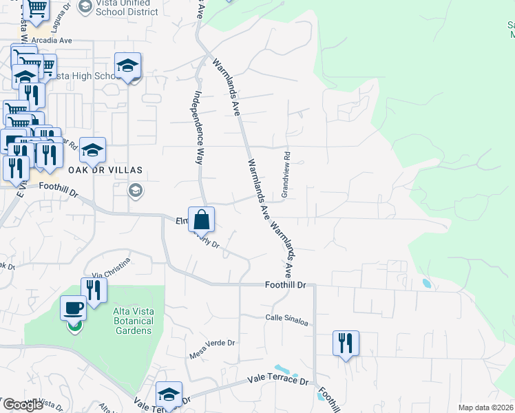 map of restaurants, bars, coffee shops, grocery stores, and more near 1228 Warmlands Avenue in Vista