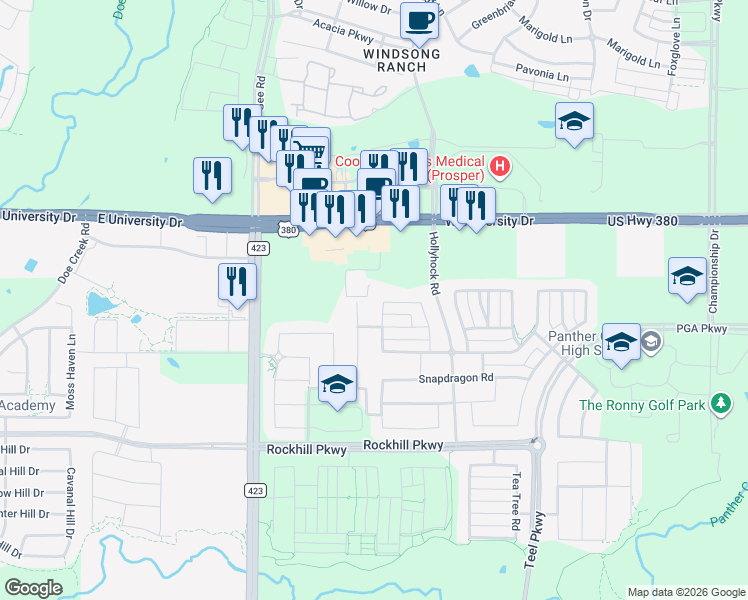 map of restaurants, bars, coffee shops, grocery stores, and more near 1739 Coralbead Road in Frisco
