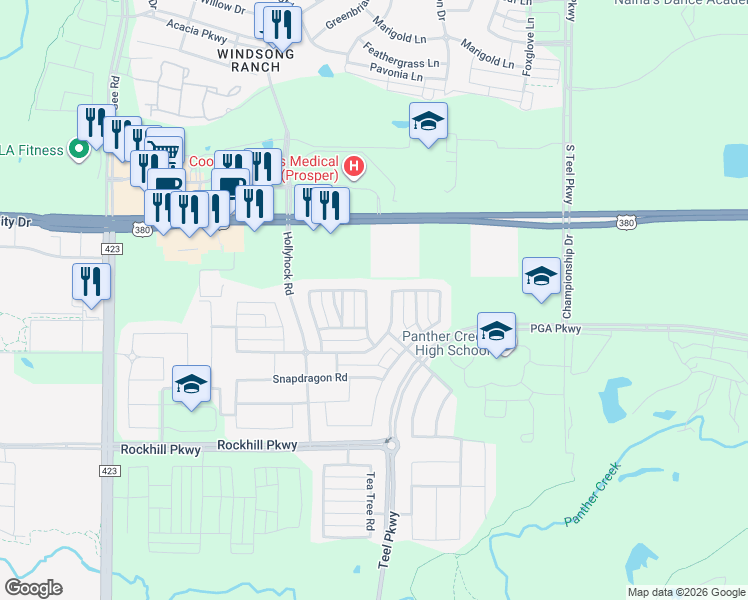 map of restaurants, bars, coffee shops, grocery stores, and more near 16625 Buttonwood Road in Frisco