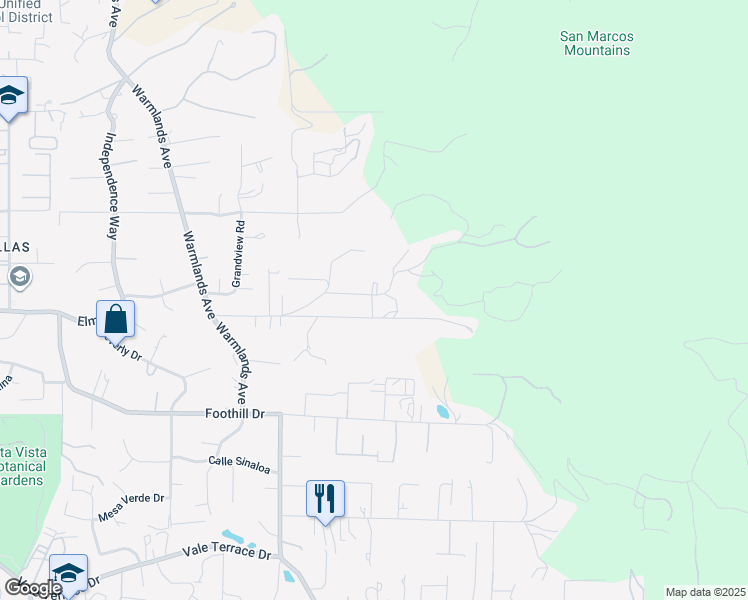 map of restaurants, bars, coffee shops, grocery stores, and more near 2033 Alessandro Trail in Vista
