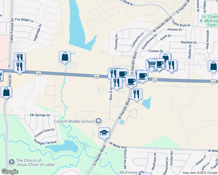 map of restaurants, bars, coffee shops, grocery stores, and more near 5711 Bois D Arc Road in McKinney