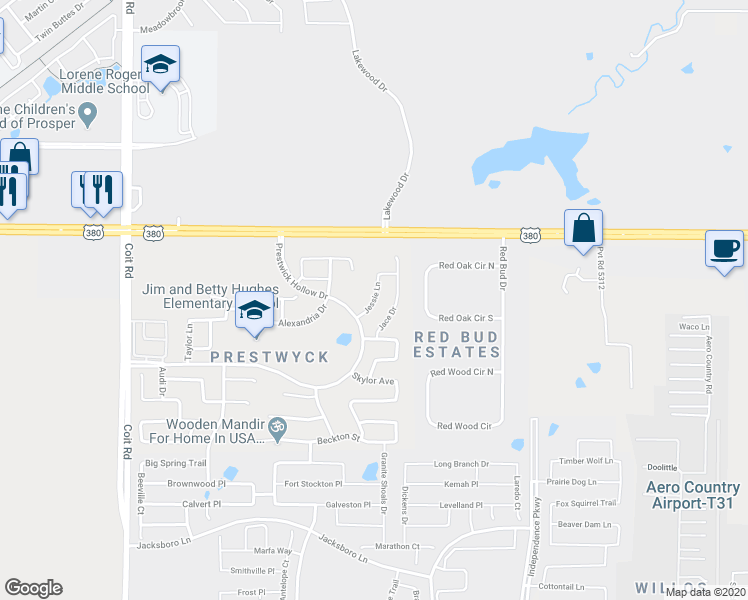 map of restaurants, bars, coffee shops, grocery stores, and more near Jessie Lane in Prosper