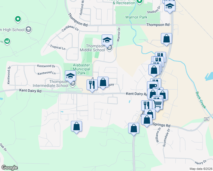 map of restaurants, bars, coffee shops, grocery stores, and more near 252 Park Place Way in Alabaster