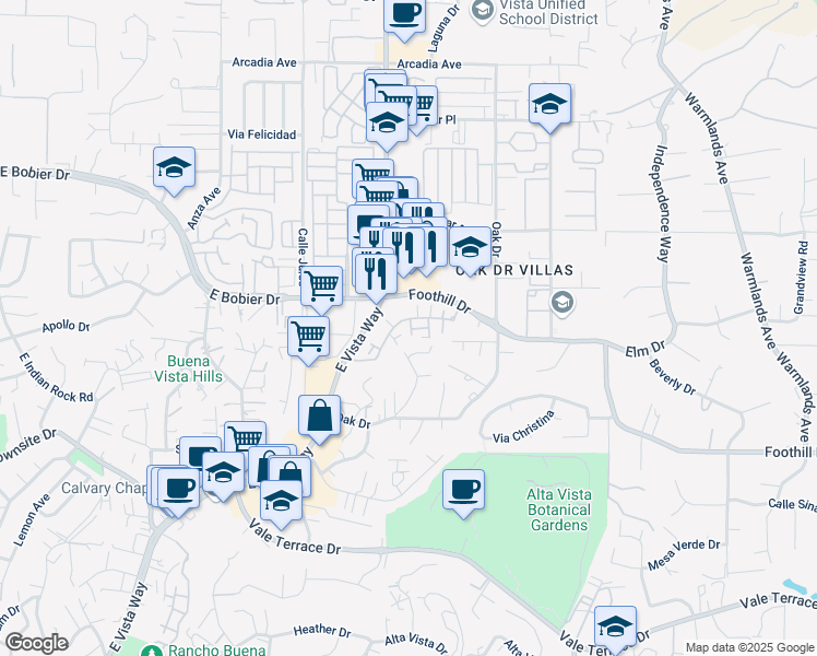 map of restaurants, bars, coffee shops, grocery stores, and more near 1119 Delpy View Ln in Vista