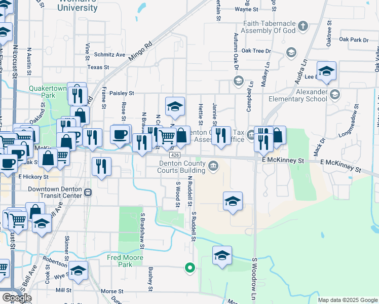 map of restaurants, bars, coffee shops, grocery stores, and more near 1201 East McKinney Street in Denton