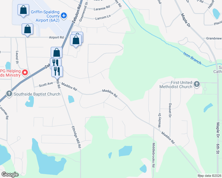 map of restaurants, bars, coffee shops, grocery stores, and more near 225 Maddox Road in Griffin