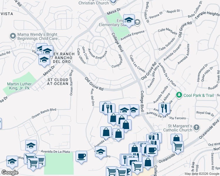 map of restaurants, bars, coffee shops, grocery stores, and more near 1302 Rocky Point Drive in Oceanside