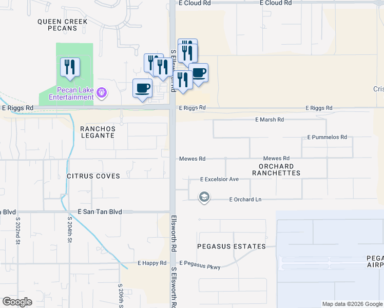 map of restaurants, bars, coffee shops, grocery stores, and more near 20856 East Mewes Road in Queen Creek