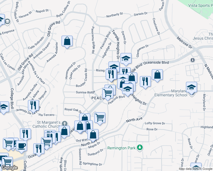 map of restaurants, bars, coffee shops, grocery stores, and more near 4758 Westridge Drive in Oceanside