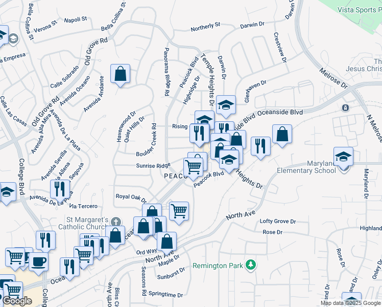 map of restaurants, bars, coffee shops, grocery stores, and more near 4758 Westridge Drive in Oceanside
