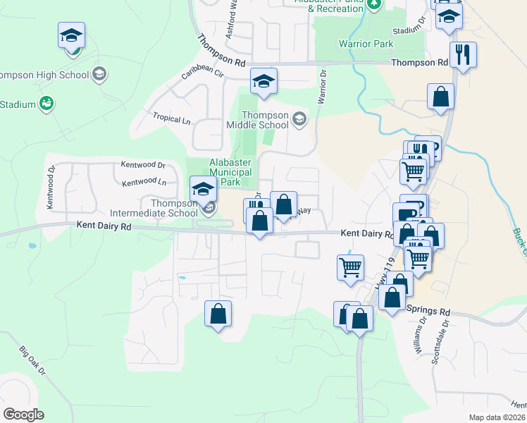 map of restaurants, bars, coffee shops, grocery stores, and more near 238 Park Place Way in Alabaster