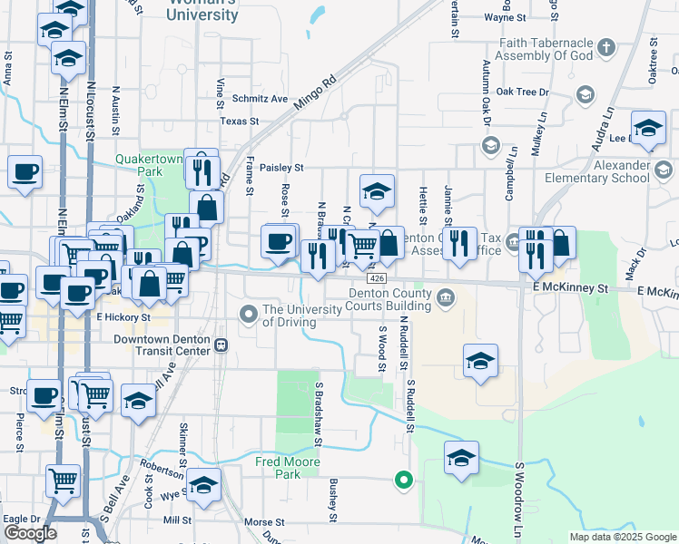 map of restaurants, bars, coffee shops, grocery stores, and more near 1013-10 East McKinney Street in Denton