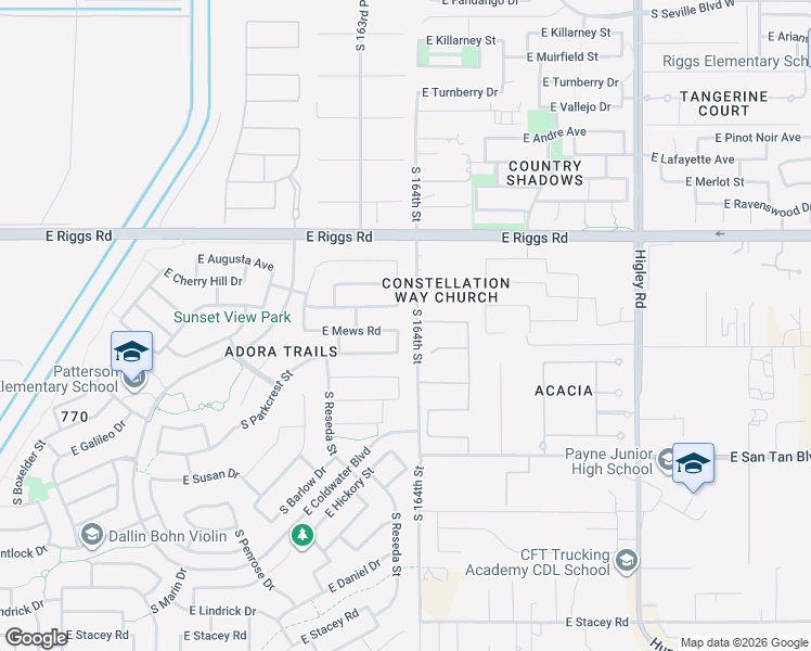 map of restaurants, bars, coffee shops, grocery stores, and more near 2827 East Bellerive Drive in Gilbert