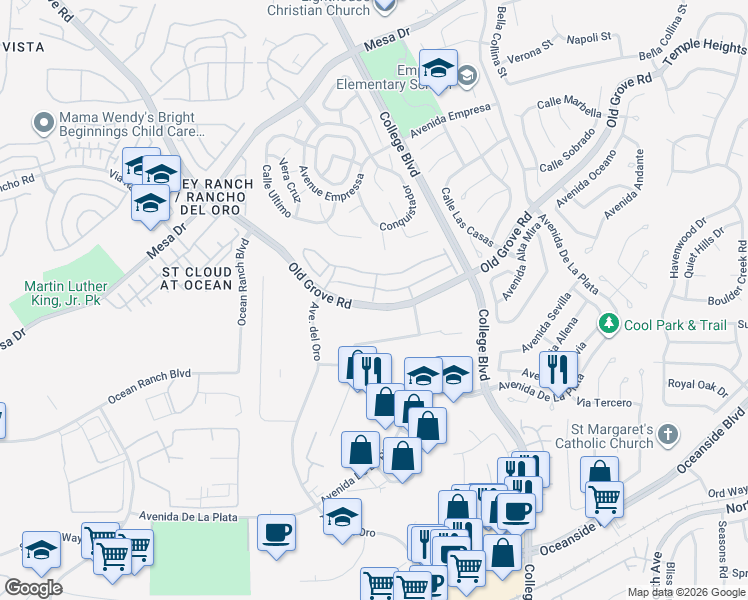 map of restaurants, bars, coffee shops, grocery stores, and more near 1302 Rocky Point Drive in Oceanside