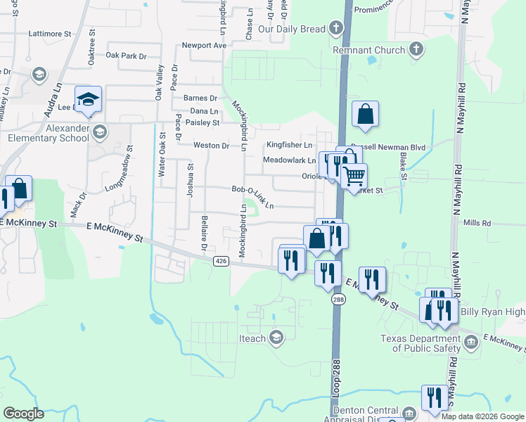 map of restaurants, bars, coffee shops, grocery stores, and more near 3307 Hummingbird Lane in Denton