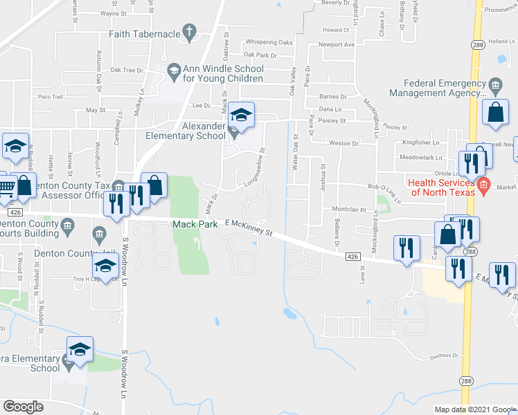 map of restaurants, bars, coffee shops, grocery stores, and more near 2401 East McKinney Street in Denton