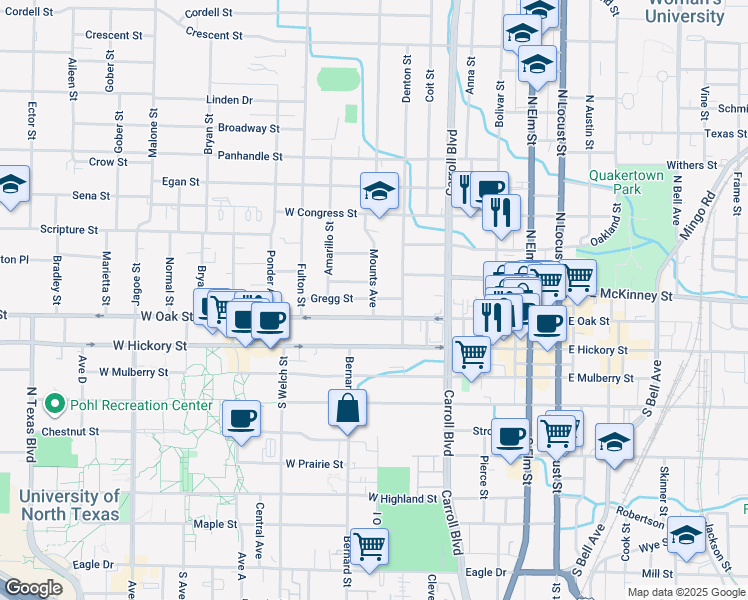 map of restaurants, bars, coffee shops, grocery stores, and more near 716 West Oak Street in Denton