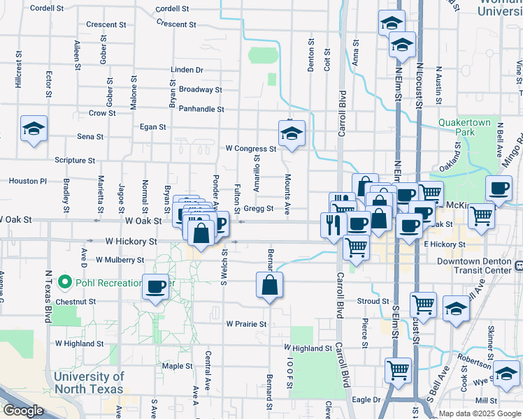 map of restaurants, bars, coffee shops, grocery stores, and more near in Denton
