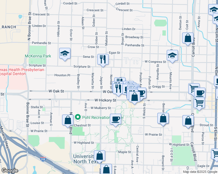 map of restaurants, bars, coffee shops, grocery stores, and more near 204 Normal Street in Denton