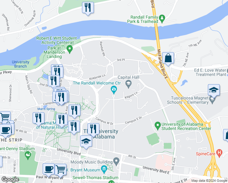 map of restaurants, bars, coffee shops, grocery stores, and more near 201 University Boulevard in Tuscaloosa
