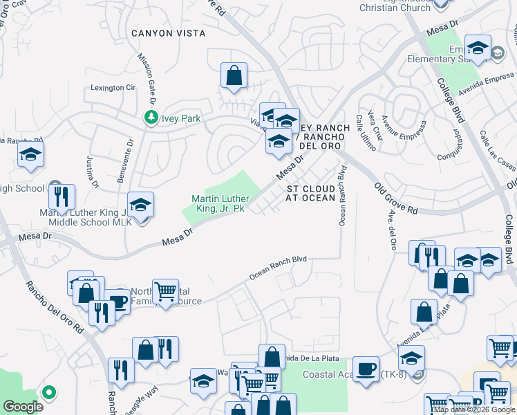 map of restaurants, bars, coffee shops, grocery stores, and more near 4304 Pacifica Way in Oceanside