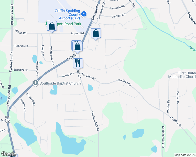 map of restaurants, bars, coffee shops, grocery stores, and more near 116 Maddox Road in Griffin