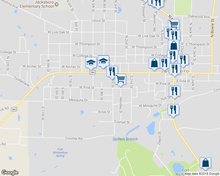 map of restaurants, bars, coffee shops, grocery stores, and more near 635 West Pine Street in Jacksboro