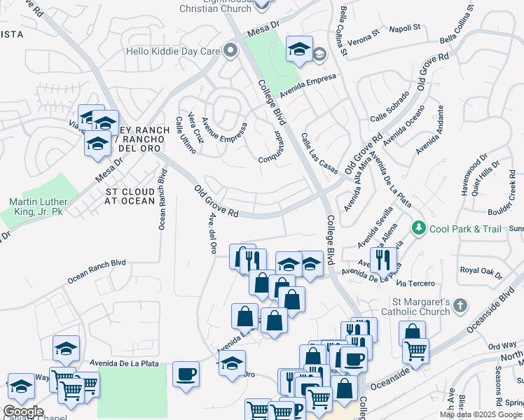 map of restaurants, bars, coffee shops, grocery stores, and more near 1197 Via Lucero in Oceanside