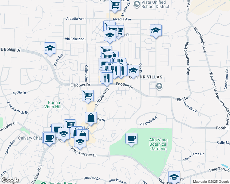 map of restaurants, bars, coffee shops, grocery stores, and more near 1097 Delpy View Ln in Vista