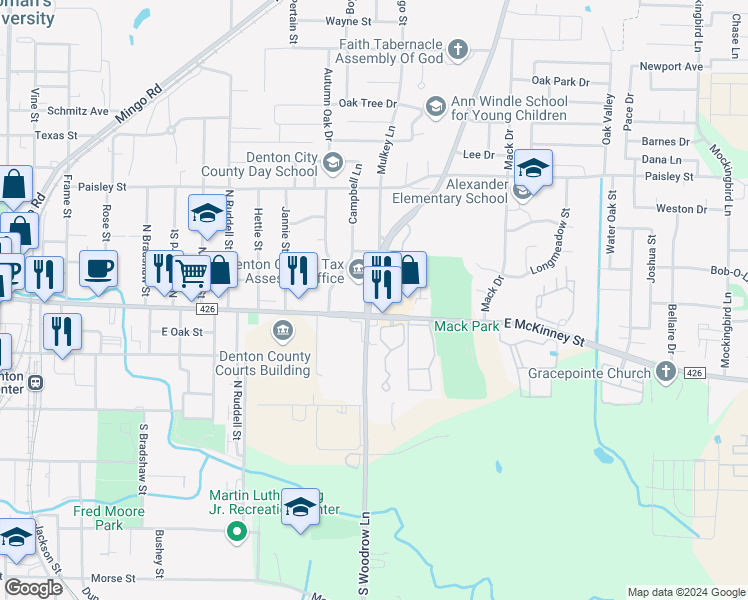 map of restaurants, bars, coffee shops, grocery stores, and more near 314 Audra Lane in Denton