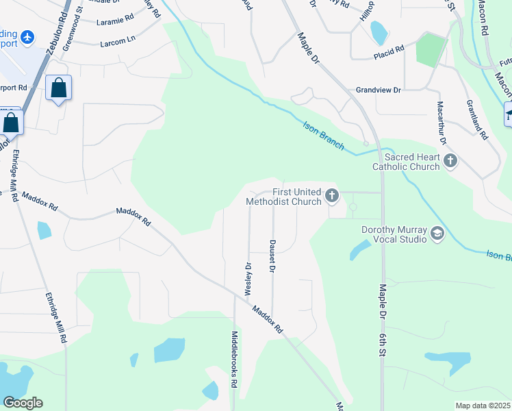 map of restaurants, bars, coffee shops, grocery stores, and more near 1460 Wesley Drive in Griffin