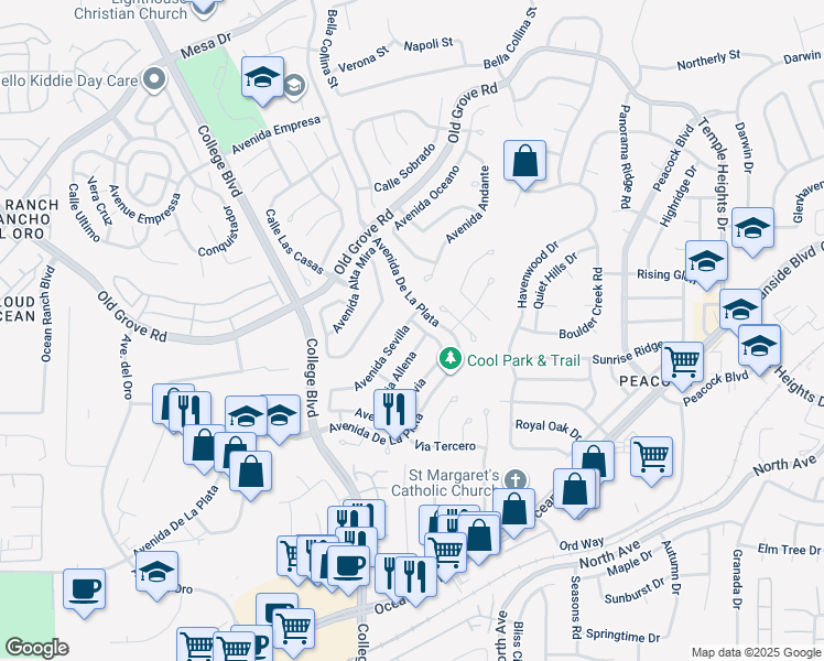 map of restaurants, bars, coffee shops, grocery stores, and more near 1704 Avenida Segovia in Oceanside