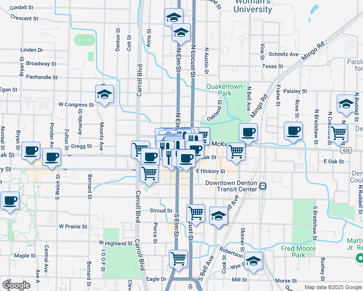 map of restaurants, bars, coffee shops, grocery stores, and more near 205 North Elm Street in Denton