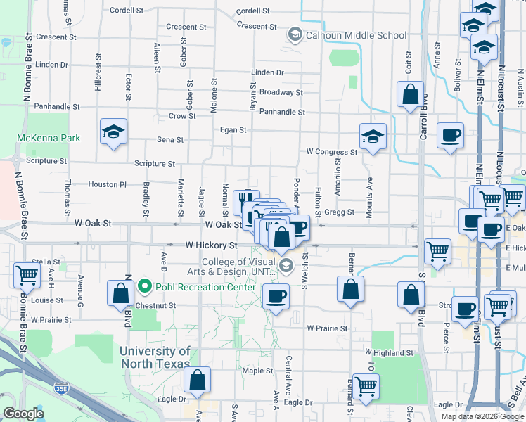 map of restaurants, bars, coffee shops, grocery stores, and more near 219 Fry Street in Denton