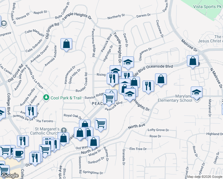 map of restaurants, bars, coffee shops, grocery stores, and more near 4750 Oceanside Boulevard in Oceanside