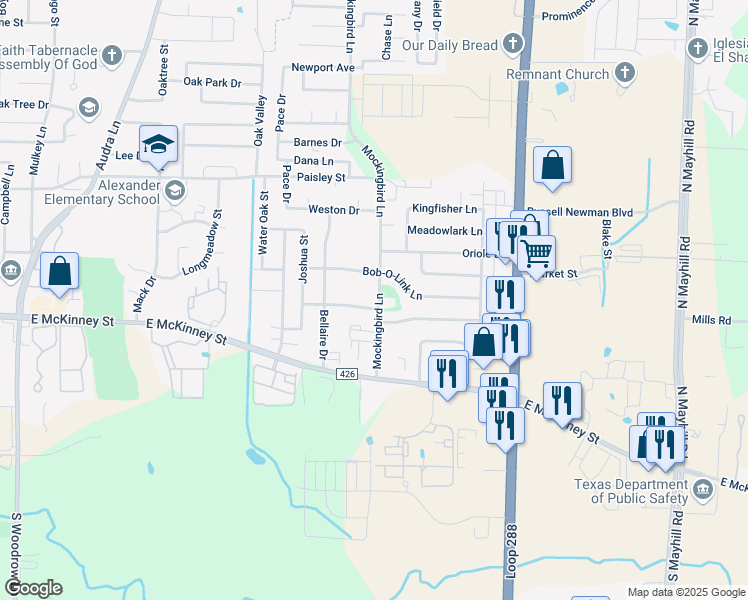 map of restaurants, bars, coffee shops, grocery stores, and more near 217 Mockingbird Lane in Denton