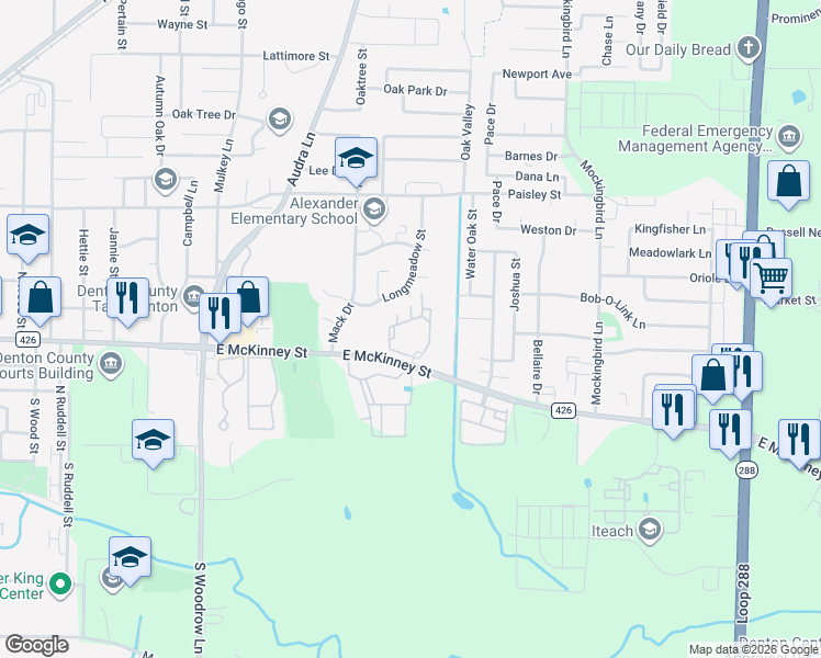 map of restaurants, bars, coffee shops, grocery stores, and more near 2401 East McKinney Street in Denton