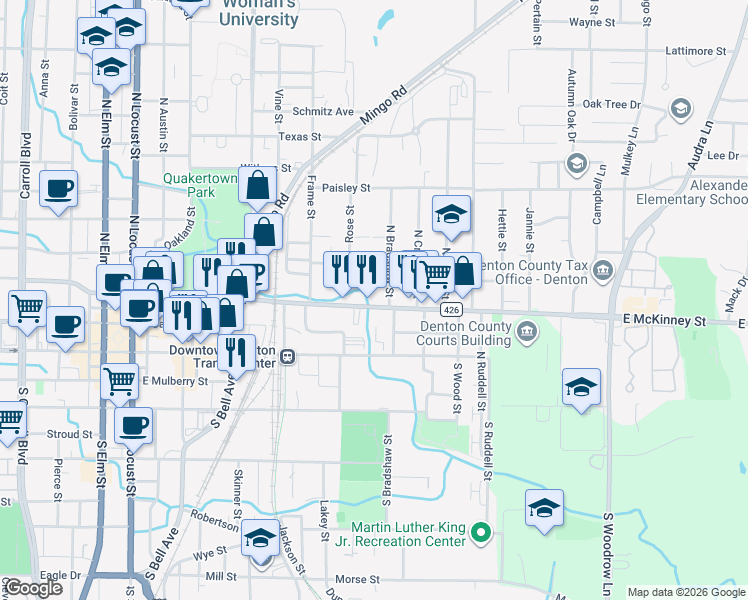 map of restaurants, bars, coffee shops, grocery stores, and more near 826 East McKinney Street in Denton