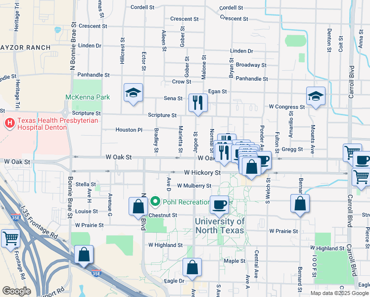 map of restaurants, bars, coffee shops, grocery stores, and more near 1800 West Oak Street in Denton