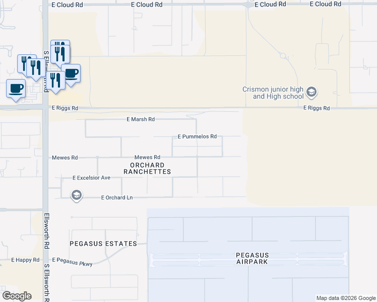 map of restaurants, bars, coffee shops, grocery stores, and more near 21358 Mewes Road in Queen Creek