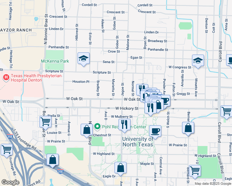 map of restaurants, bars, coffee shops, grocery stores, and more near 1800 West Oak Street in Denton