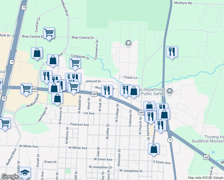 map of restaurants, bars, coffee shops, grocery stores, and more near 807 Woodleigh Drive in McKinney