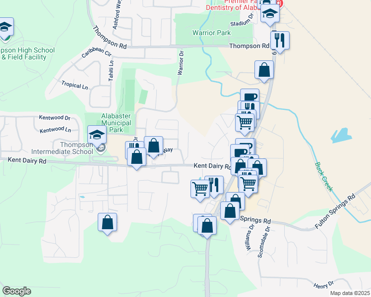 map of restaurants, bars, coffee shops, grocery stores, and more near 104 Douglas Drive in Alabaster