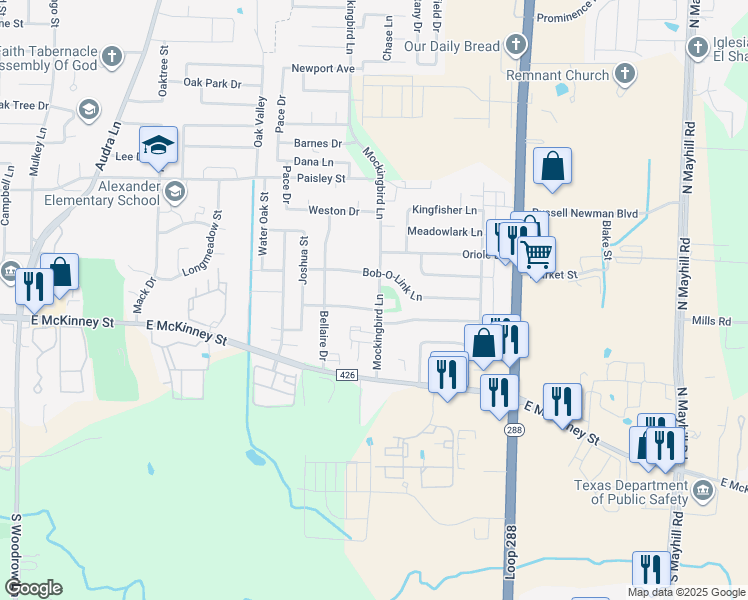 map of restaurants, bars, coffee shops, grocery stores, and more near 217 Mockingbird Lane in Denton