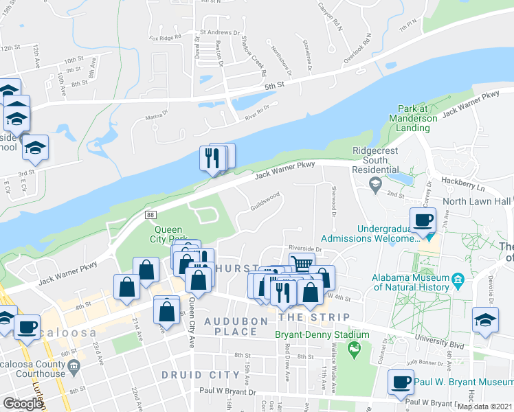 map of restaurants, bars, coffee shops, grocery stores, and more near 30 Guildswood in Tuscaloosa
