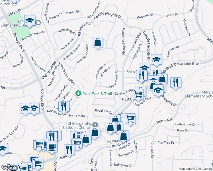 map of restaurants, bars, coffee shops, grocery stores, and more near 1657 Boulder Creek Road in Oceanside