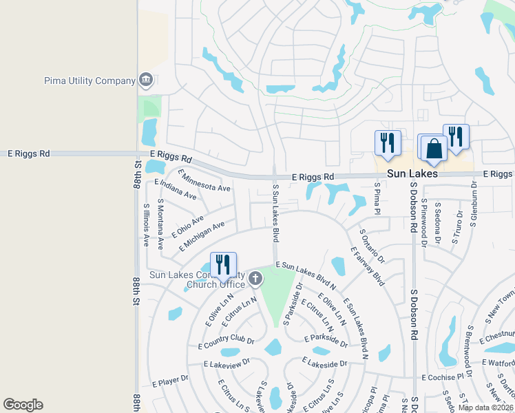 map of restaurants, bars, coffee shops, grocery stores, and more near 25615 South Fairway Court in Sun Lakes
