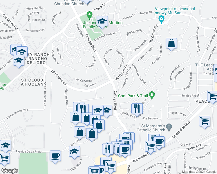 map of restaurants, bars, coffee shops, grocery stores, and more near 1278 Rocky Point Drive in Oceanside
