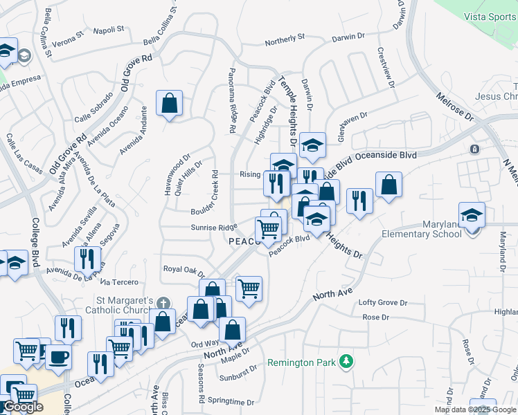 map of restaurants, bars, coffee shops, grocery stores, and more near 4746 Sunrise Ridge in Oceanside
