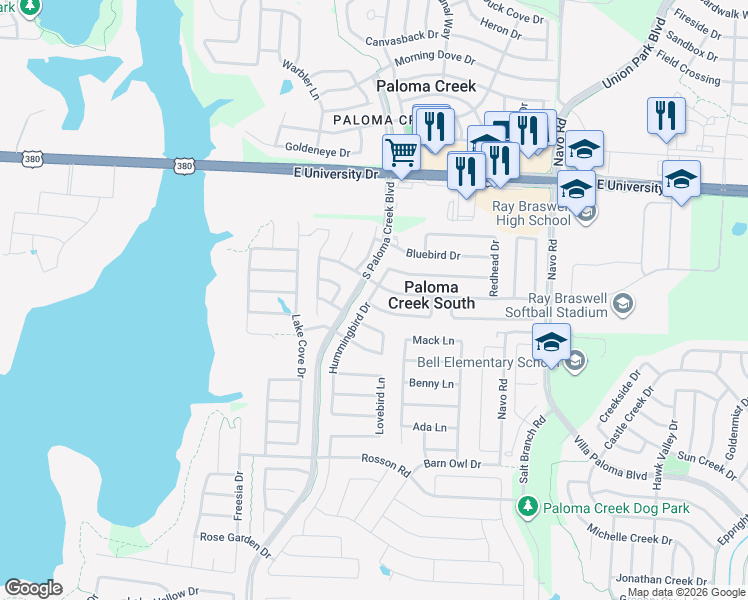 map of restaurants, bars, coffee shops, grocery stores, and more near 1401 Canaray Drive in Little Elm